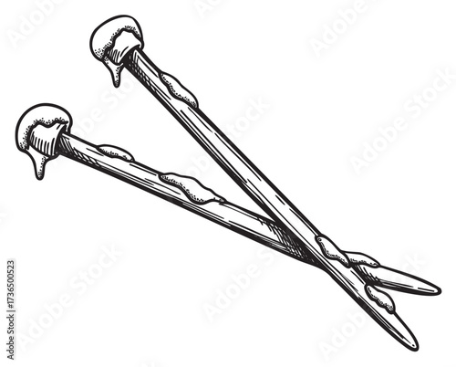 Vintage chopsticks with food residue illustration in ink style – retro hand drawn illustration