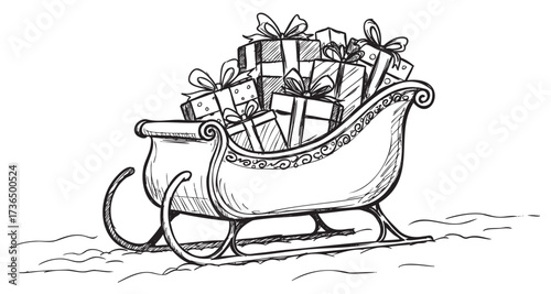 Sleigh filled with wrapped holiday gifts in festive christmas illustration – retro hand drawn illustration