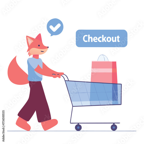Anthropomorphic fox character pushing a shopping cart with items and checkout button