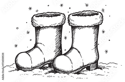Hand-drawn winter boots illustration with snowflakes and fur detail – retro hand drawn illustration