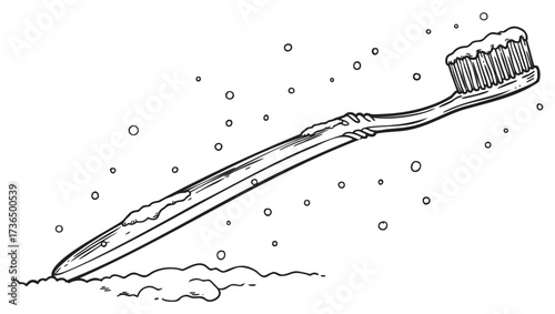 Hand-drawn toothbrush in falling snowflakes with foamy bubbles – retro hand drawn illustration