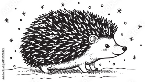 Charming black and white hedgehog illustration in winter snow scene – retro hand drawn illustration