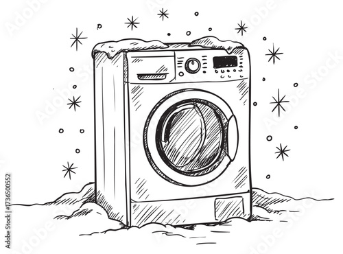Hand-drawn winter washing machine in snow with stars – retro hand drawn illustration