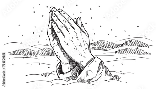 Sketch of male hands in prayer over snowy landscape – retro hand drawn illustration
