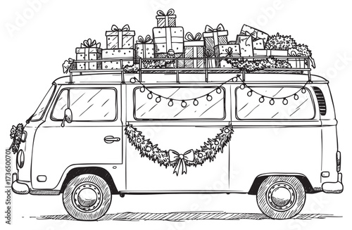 Vintage van decorated for holiday with gifts on roof – retro hand drawn illustration