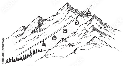 Ski resort mountain landscape with cable cars in black and white drawing – retro hand drawn illustration