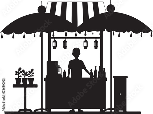 Silhouette of a vendor at a market stall with plants and bottles