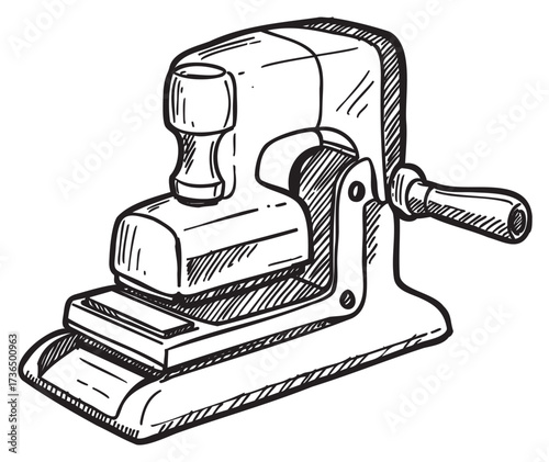 Hand-drawn stencil of vintage manual stapler with handle and base – retro hand drawn illustration
