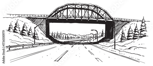 Scenic highway bridge overpass with surrounding pine trees and curved roadway illustration – retro hand drawn illustration