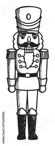 Black and white nutcracker drawing: festive holiday toy soldier illustration – retro hand drawn illustration