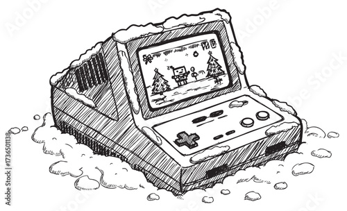 Vintage snow-covered handheld game console drawing with winter scene – retro hand drawn illustration