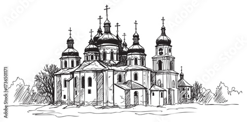 Detailed pencil sketch of historic orthodox cathedral with multiple domes and crosses – retro hand drawn illustration