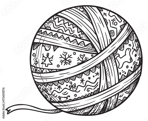 Intricate christmas-themed yarn ball with festive patterns in black and white – retro hand drawn illustration