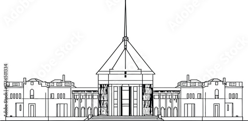 Architectural Landmark Silhouette Vector Featuring Symmetrical Building with Spire and Columns in Black Line Art Style