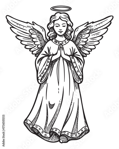 Sketch of female angel with halo and wings in prayer – retro hand drawn illustration