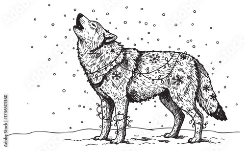 Wolf howling in snowy landscape with festive lights – retro hand drawn illustration