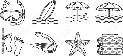 Collection of beach and summer activity icons in a linear style Keywords: beach, summer