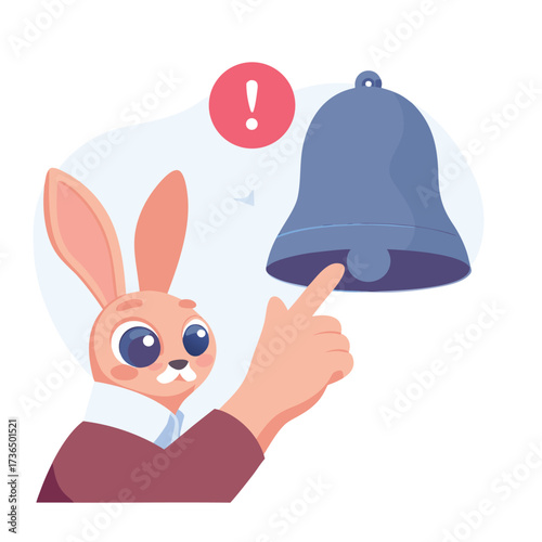 Cute cartoon rabbit finger presses a notification bell with an alert symbol