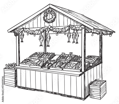 Hand-drawn market stall displaying fresh fish and produce – retro hand drawn illustration