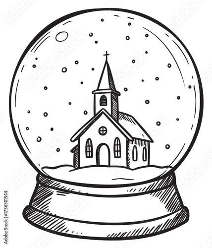 Hand-drawn church snow globe with falling snowflakes – retro hand drawn illustration
