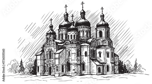 Intricate black-and-white sketch of a historic orthodox cathedral with domed roofs – retro hand drawn illustration