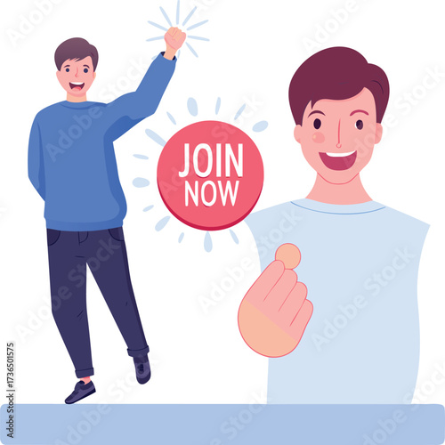 Excited man inviting to join now with a call to action button