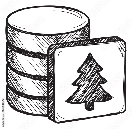 Hand-drawn database and pine tree icon sketch – retro hand drawn illustration