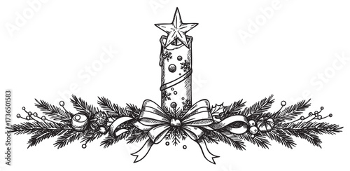 Festive candle centerpiece with pine garland and star topper in black and white – retro hand drawn illustration