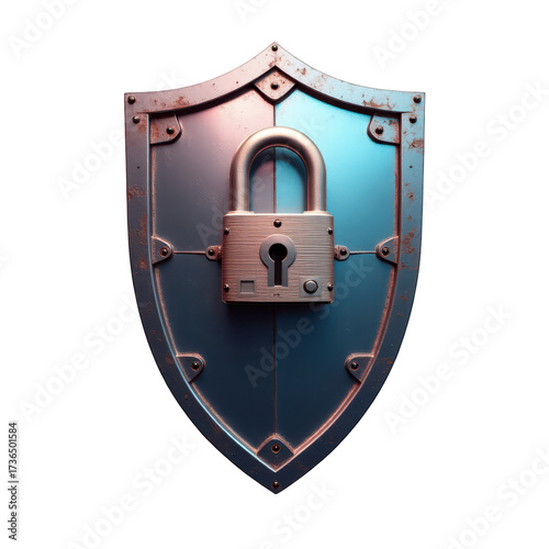 A  shot features a metallic shield with a lock attached, showcasing a concept of security and protection against a stark black backdrop that enhances the visual contrast.