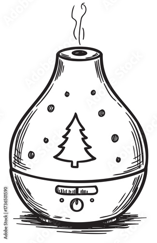 Hand-drawn essential oil diffuser with pine tree design and steam – retro hand drawn illustration