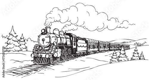 Vintage steam train journey through snowy winter countryside landscape – retro hand drawn illustration