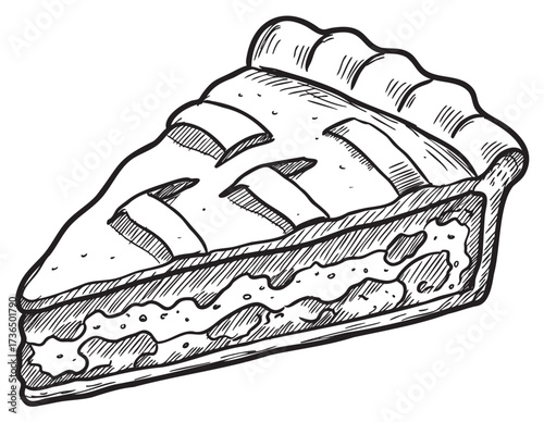 Hand-drawn slice of lattice top apple pie in black and white – retro hand drawn illustration