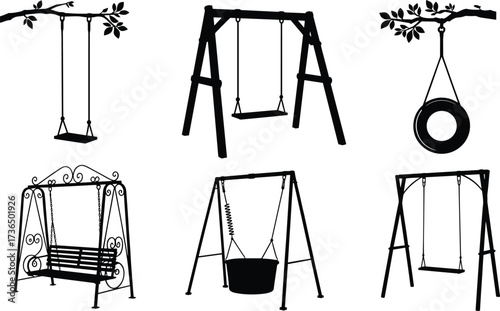 Collection of swing silhouettes on white background Keywords: swing, playground, recreation