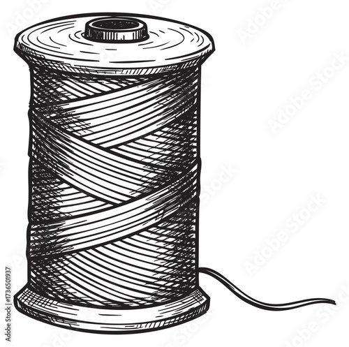 Intricate black and white sketch of a thread spool with loose end – retro hand drawn illustration