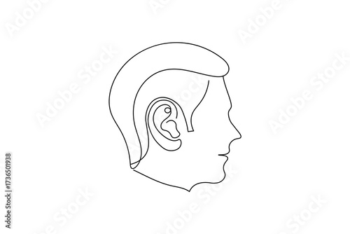 Human ear icon in continuous one line drawing style. Minimalist outline isolated on a white background. Modern single line art vector illustration for design projects
