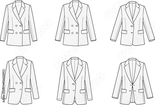 Collection of women's blazer fashion flat sketches Keywords: blazer, jacket, women, fashion