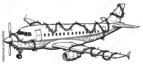 Festive airplane decorated with christmas garland and lights in black and white sketch – retro hand drawn illustration