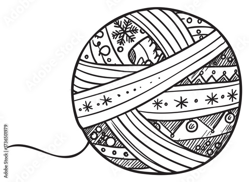 Intricate black and white yarn ball with decorative patterns – retro hand drawn illustration