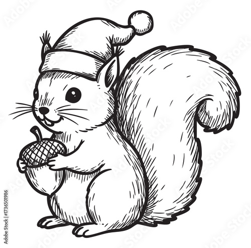 Cute squirrel sketch holding acorn with winter hat illustration – retro hand drawn illustration