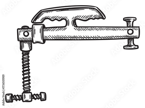 Vintage handheld utility g-clamp with detailed screw and handle sketch – retro hand drawn illustration