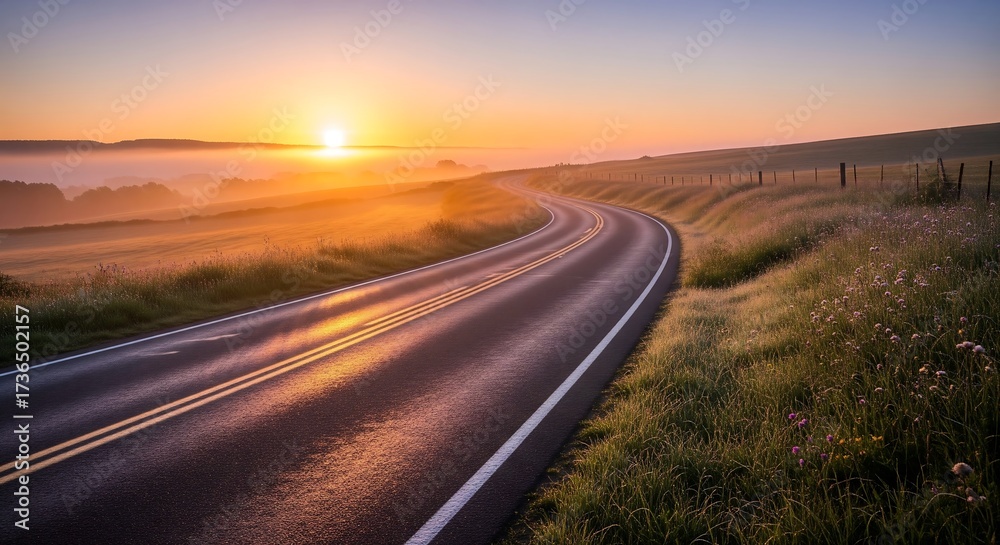 Fototapeta premium Symbol of hope after loss: soft sunrise illuminating a winding road