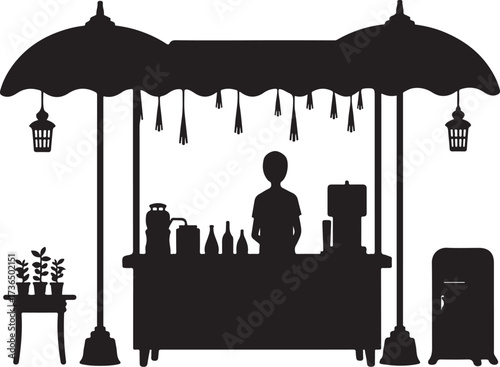 Silhouette of a street vendor stall with person and products