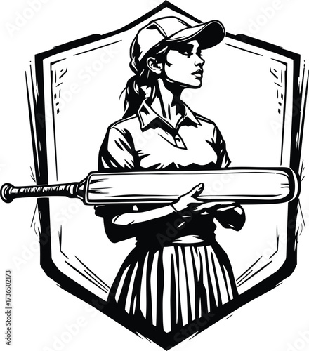 Female Cricket Emblem Vector Featuring Bat-Wielding Player in Cap and Shield Frame in Black and White Line Art Style