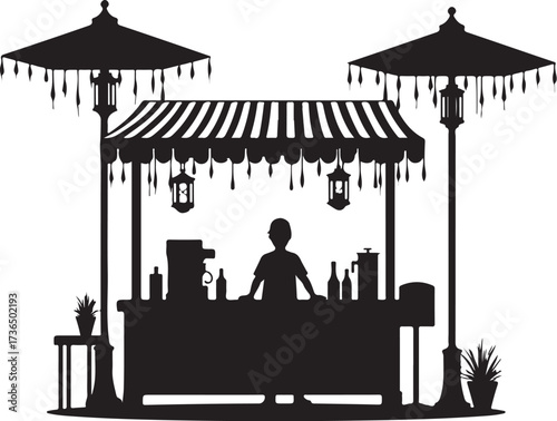 Silhouette of a street vendor at a stall with umbrellas