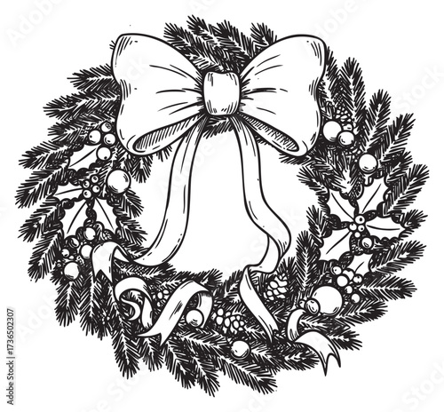 Festive holiday wreath with bow and pine cones in intricate line art – retro hand drawn illustration