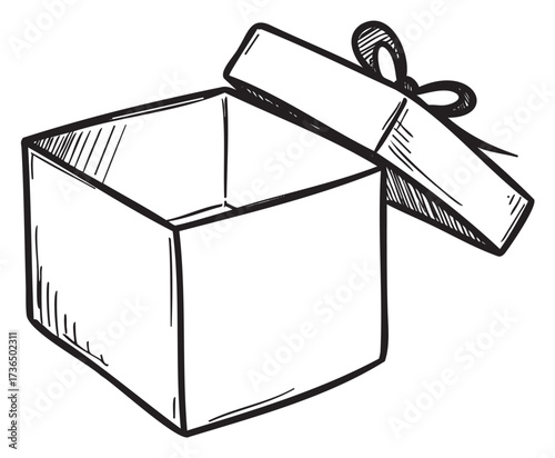 Open gift box line art with detached lid and ribbon bow – retro hand drawn illustration