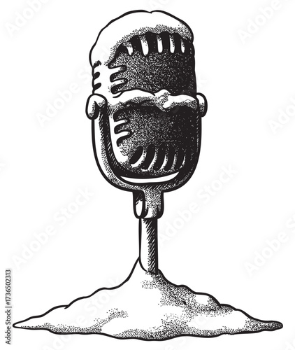 Vintage microphone buried in snow – retro hand drawn illustration