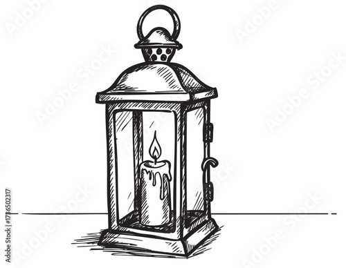 Vintage hand-drawn lantern with burning candle in black and white line art – retro hand drawn illustration