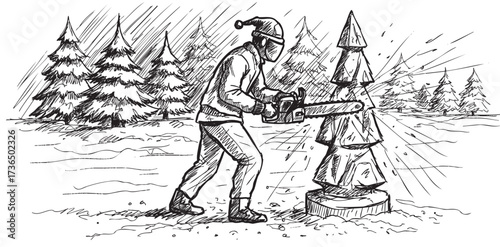 Young caucasian male sculpting christmas tree from ice with chainsaw in snowy forest – retro hand drawn illustration