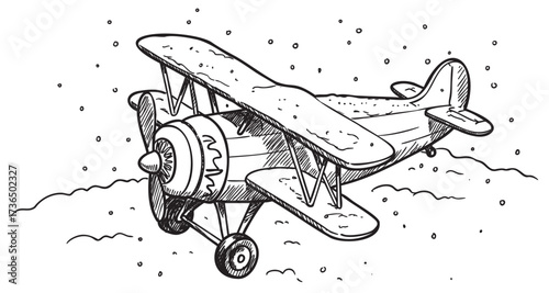 Vintage biplane flying through snowy skies sketch in black and white – retro hand drawn illustration